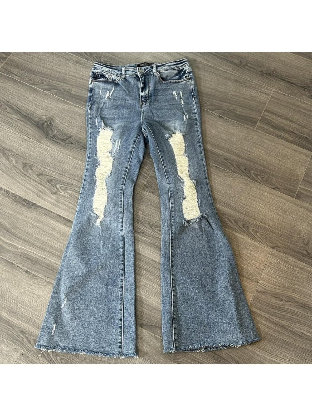 Judy Blue Flare Fit Jeans Womens 9/29 Heavy Destroy Distressed Raw Hem Stretch